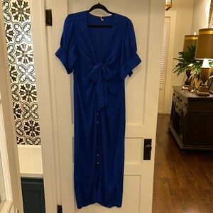 FREE PEOPLE Blue Vtg Summer Tie Front Button Puff Sleeve Maxi Dress SIZE LARGE